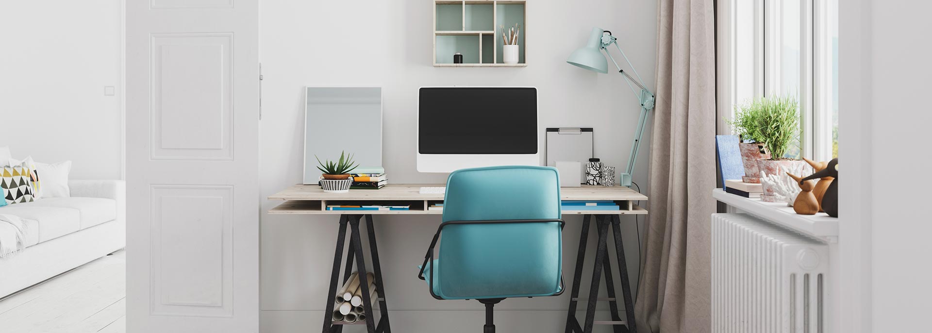 An ergonomic work from home computer workstation setup